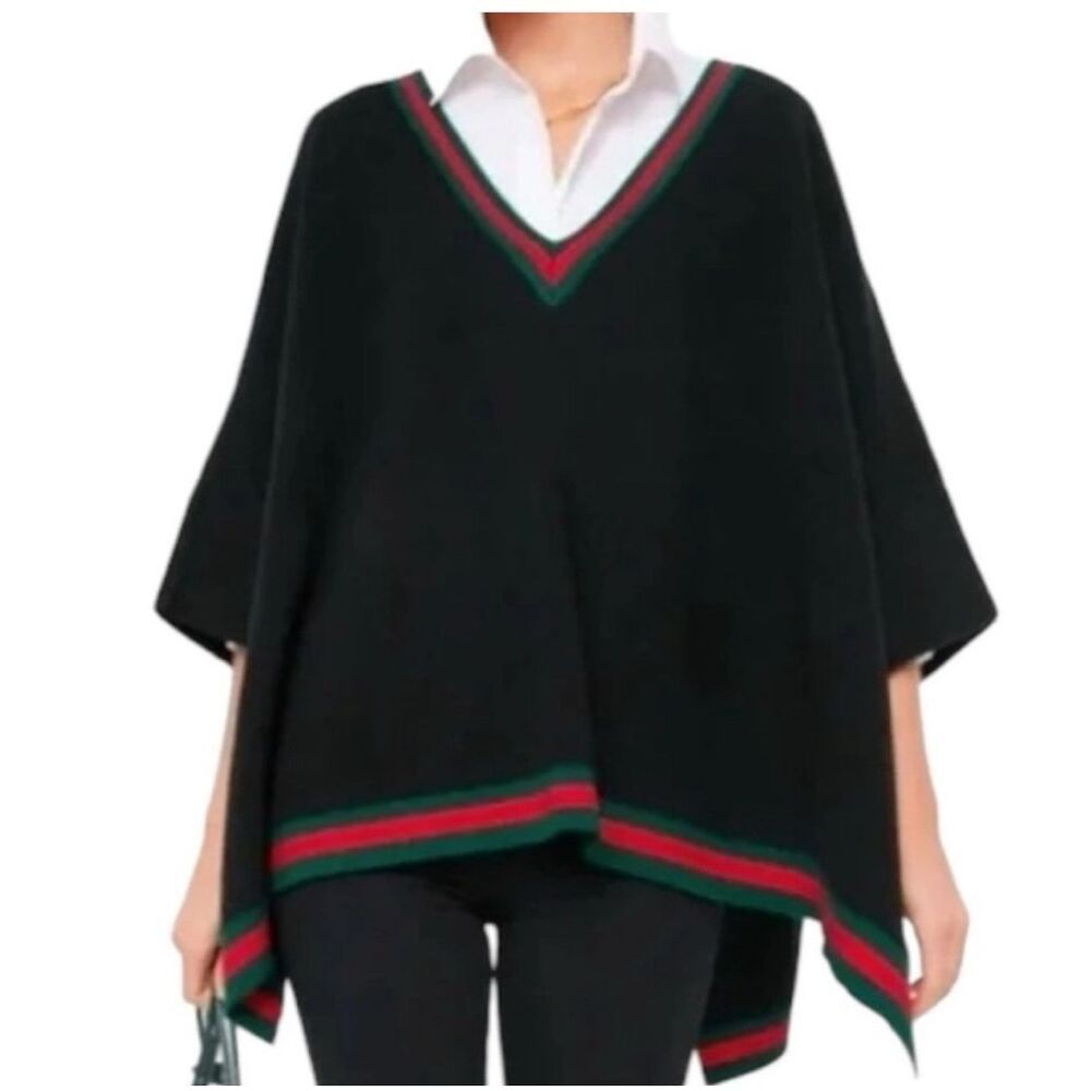 Tuckernuck Womens Camden V-Neck Stripe Trim Soft Poncho Sweater Black One Size